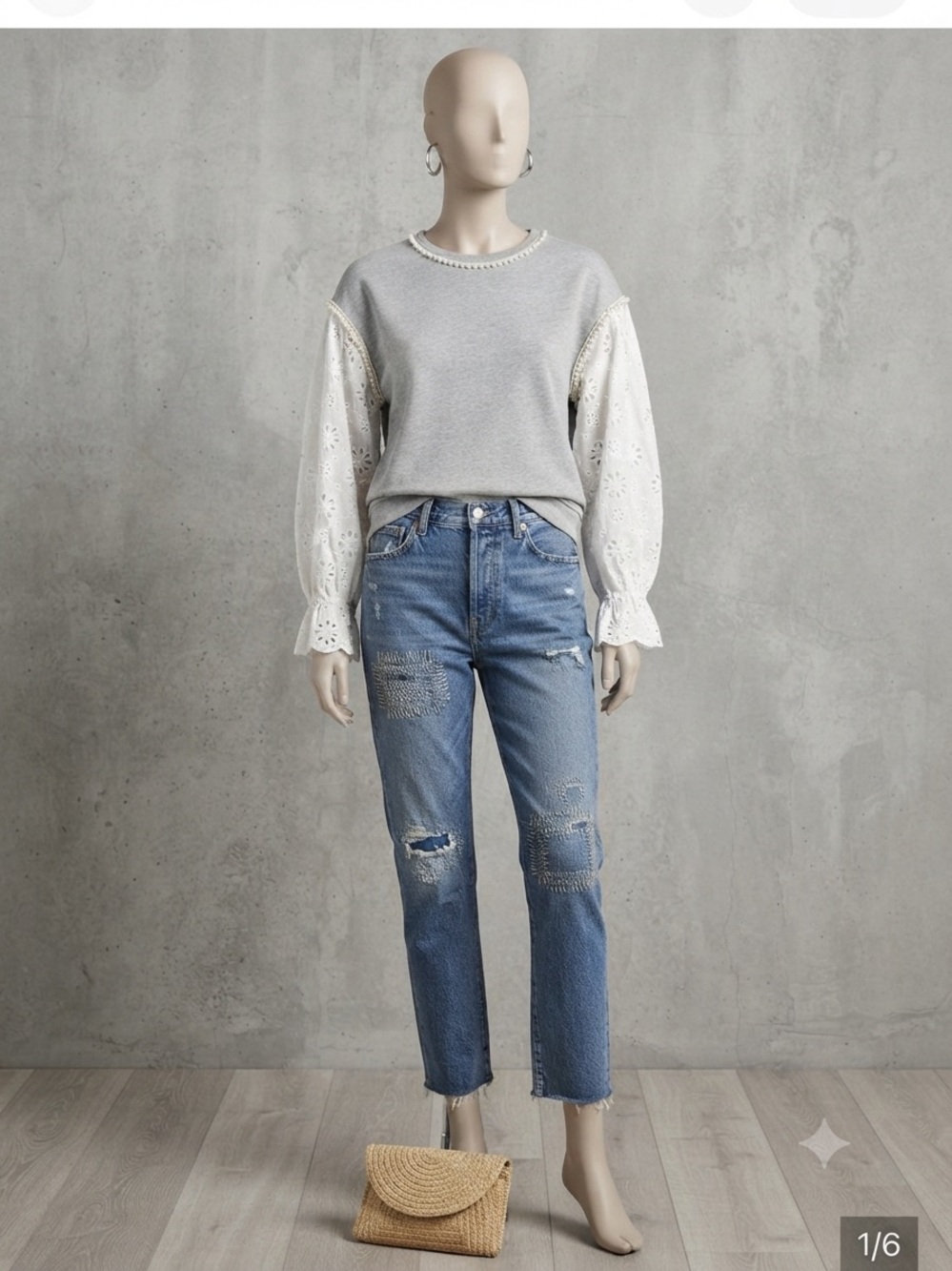 Cezele Gray Sweatshirt with White Eyelet Lace Sleeves and Pearl Trim